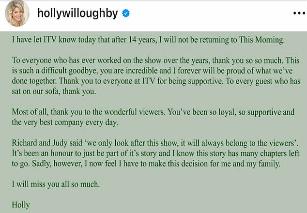 The presenter confirmed on Instagram that she 'will not be returning' to the show on Tuesday