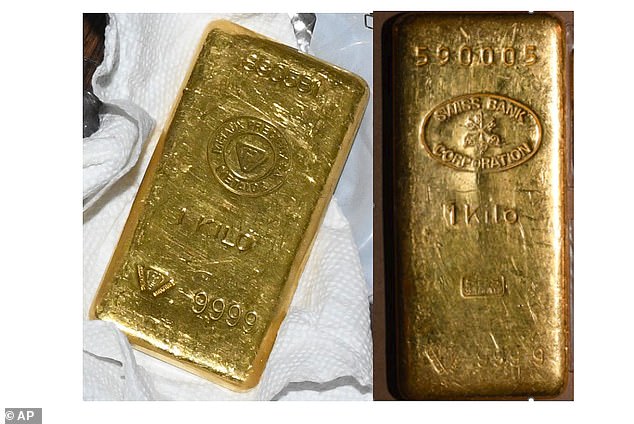 Two of the gold bars found during a search by federal agents of Sen.  Bob Menendez's House and Vault