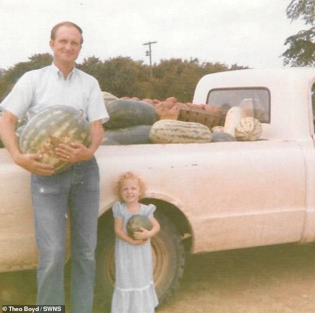 Theo pictured with her father Joe when she was a little girl on their farm in Texas