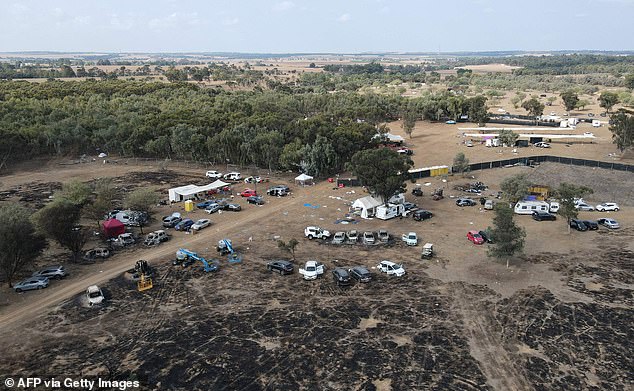 An aerial photo shows the site of the weekend attack on the Supernova desert music festival