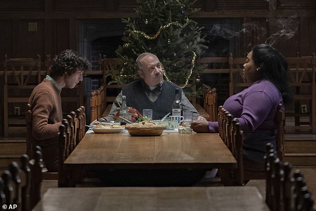 Dominic Sessa stars as Angus Tully, Paul Giamatti as Paul Hunnam and Da'Wine Joy Randolph as Mary Lamb in a scene from The Holdovers