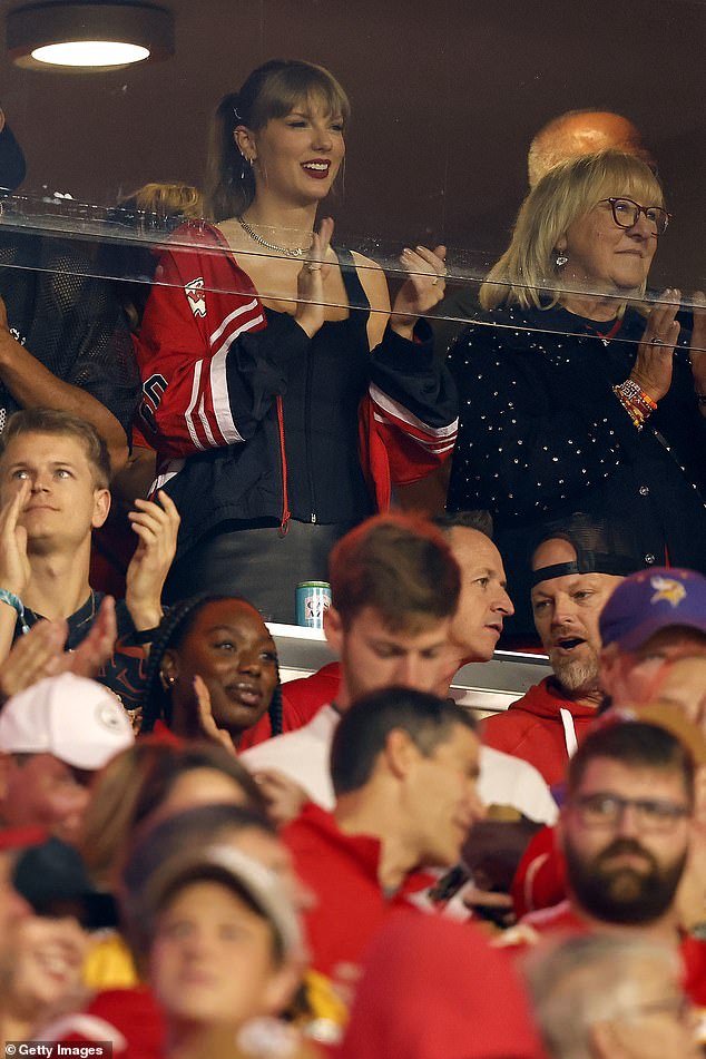 Giving her support: Taylor was once again in the VIP box to cheer on her boyfriend Travis Kelce, a star for the Chiefs.  She was seen next to his mother, Donna