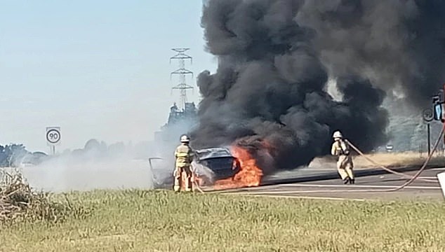 Footage shows the wreckage of the car lying on the side of the Salisbury Freeway