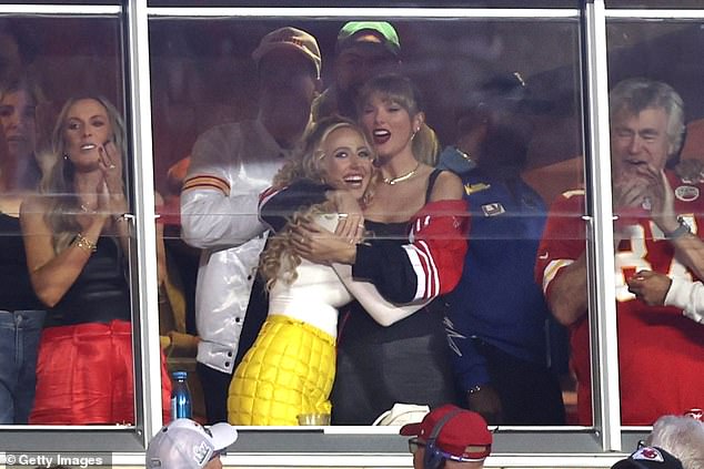 Brittany Mahomes and Taylor Swift celebrate during the first half of the game