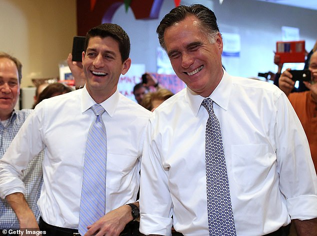 Ryan (left) and Romney (right) in the photo from the campaign hearing in 2012. The two are trying to take their party back from Donald Trump