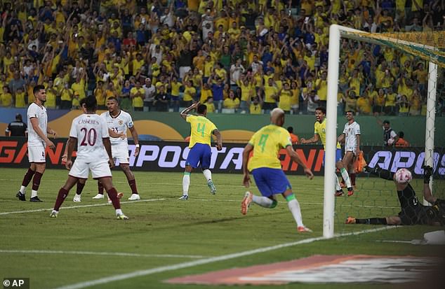 The Arsenal defender headed home after Neymar's corner during the World Cup qualifier.