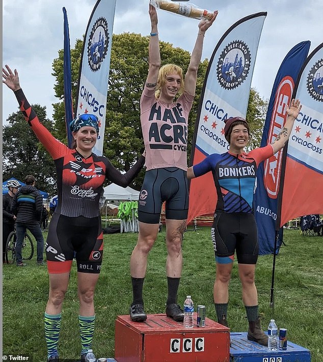 Johnson (center) placed first in the Women's Cat Half and won $150 in prize money