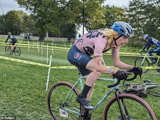 Johnson is pictured being chased at the Chicago competition.  The Chicago CrossCup said it welcomes transgender athletes and follows USA Cycling's Transgender Athlete Participation Policies