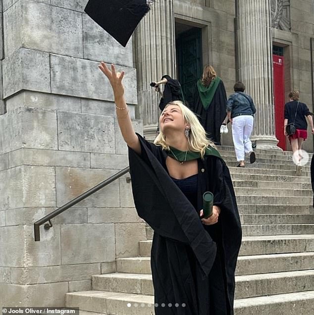 Gorgeous: Poppy looked stunning in a navy blue dress with a ruffled skirt and her graduation cap and gown