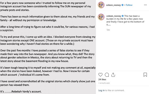 How it all started: On October 9, 2019, Coleen Rooney, now 36, accused Rebecca Vardy's Instagram account of leaking 'false stories' about her to journalists (above)