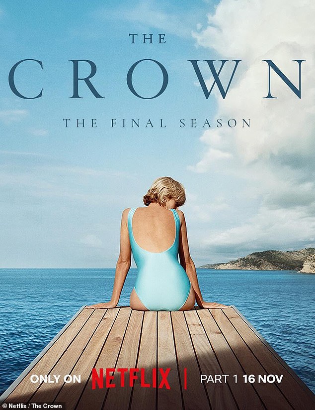 Future: Series poster shows a striking shot of Princess Diana in a blue bathing suit sitting at the bottom of a dock