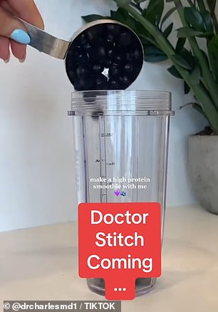 Doctor Who posted a video of content creator Dana Bobyn making a high-protein smoothie with bananas, blueberries, almond butter, Greek yogurt, protein powder, and spinach