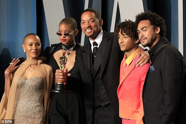 Jada and Will pictured at the 2022 Oscars with children Jaden and Willow, as well as Will's son Trey, 30, from his first wife Sherry Zampino