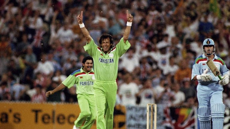 March 25, 1992: Imran Khan of Pakistan celebrates after taking the wicket of Richard Illingworth of England to win the World Cup final at the Melbourne Crick