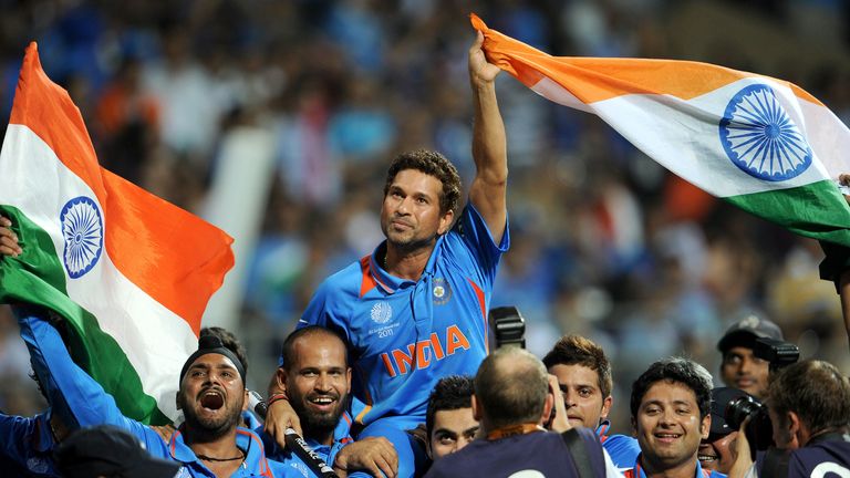 (FILES) In this photo taken on April 2, 2011, Indian batsman Sachin Tendulkar is carried on the shoulders of his teammates after India's defeat in Sri Lanka.