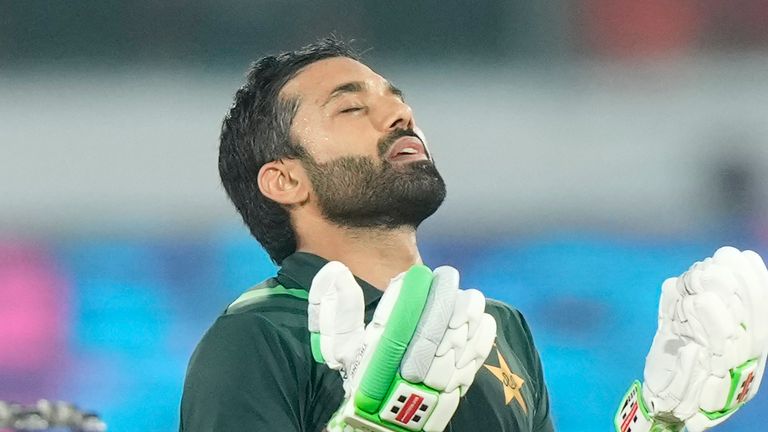 Pakistan's Mohammad Rizwan celebrates his hundredth birthday during the ICC Men's Cricket World Cup match between Pakistan and Sri Lanka in Hyderabad, India, Tuesday, October 10, 2023. (AP Photo/Mahesh Kumar A.)