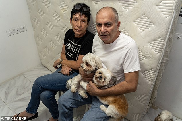 Beverley Jamil and Reuven sat with their dogs by the reclining mattress