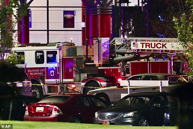 A Baltimore City Fire Department truck walks by Morgan State University Tuesday during a shooting on campus