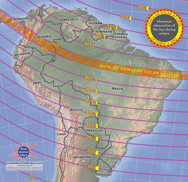 This year's annular solar eclipse will run along a 125-mile path from Oregon to Brazil