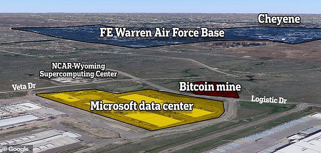 An overview shows the relationship of the Bitcoin mine to nearby data centers and Warren AFB