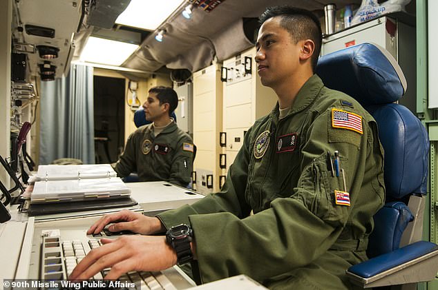 A missile combat team sits at the control console inside the launch control center at FE Warren Air Force Base in a file photo