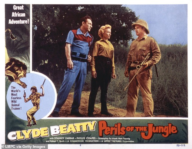 Coates is pictured flanked by Clyde Beatty (left) and Stanley Farrar in the 1953 film Jungle Perils