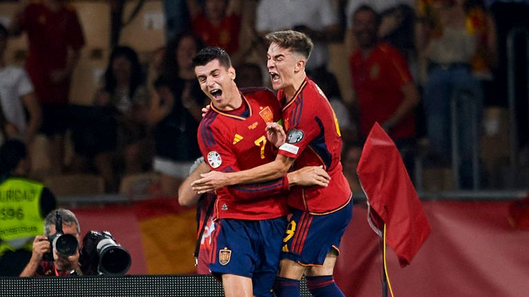 Alvaro Morata and Gavi celebrate Spain's first match