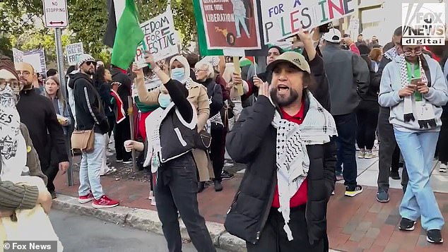 Nazis, Nazis, Nazis, one man in a keffiyeh with Palestinian colors repeatedly chanted at the counter-protesters.