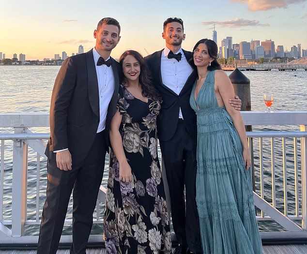 The family was together at a wedding in New York in August.  Pictured left to right: Jay's son, Justin, Sharon Cunio, and far right, Jay's daughter, Alana, who earlier appealed for information after Sharon and her family were taken hostage