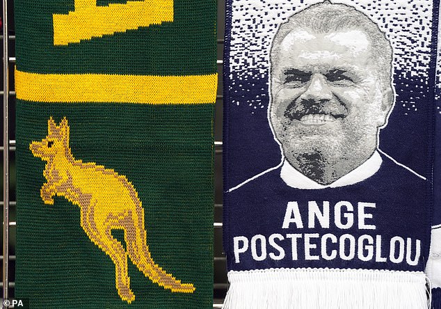 Tottenham manager and former Socceroos coach Ange Postecoglou still has a huge influence on the team and his scarf was on sale alongside the Austrian's at Wembley.