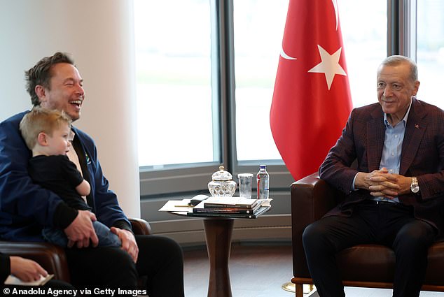 Turkish President Recep Tayyip Erdogan (R) meets with Elon Musk (L) before the 78th session of the United Nations (UN) General Assembly at the Turkish House in New York, September 17