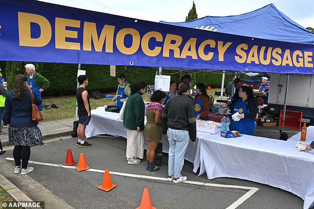 Voters buy democracy sausages outside a polling station at Old Parliament House in Canberra