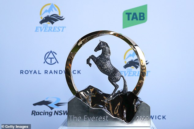 The Everest trophy is seen before the race.  Runners for TAB Everest are allocated using a unique concept - 12 'slots' are available for sale, which then allows the slot holder to negotiate with the owners, select their horse and agree a split of the money for making that horse run in races over 1200m