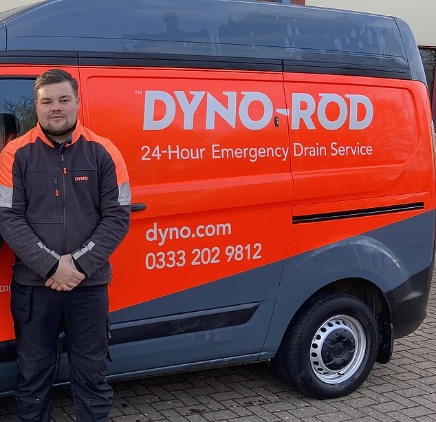 One of the Dyno-Rod engineers involved in the dramatic rescue, Billy Stevens (pictured), said the puppy was 'smothered in mud but otherwise completely unharmed'.