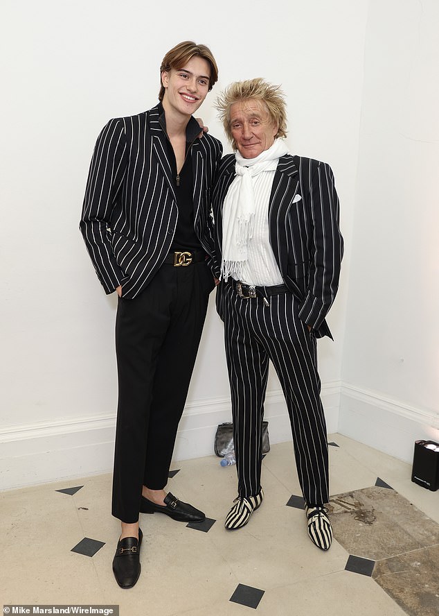 Sir Rod Stewart and his son Alastair wore matching pinstripe jackets at the JCA London Fashion Academy MA showcase in Mayfair