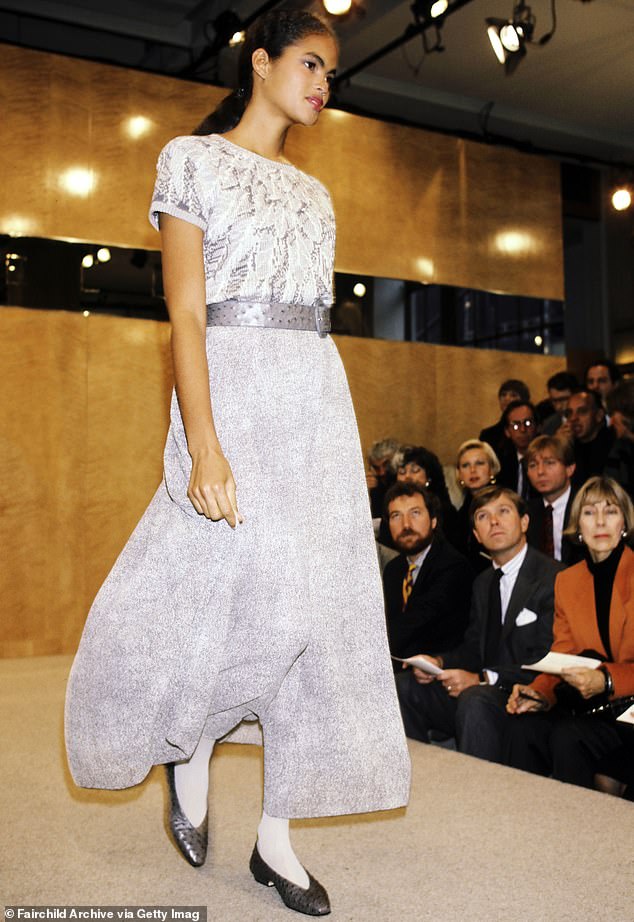 Legging it: She has also modeled world-renowned American designers, including Perry Ellis, for whom she is pictured on the runway in 1987.