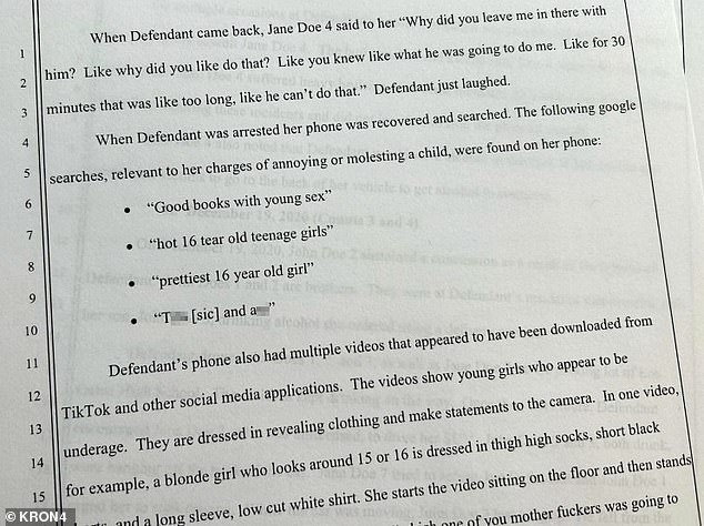 Search details were extracted from her cellphone, which also contained videos of young girls from social media platforms wearing revealing clothing.