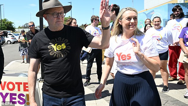 Major news stations across Australia will carry special segments as votes are counted for the Voice (pictured, Prime Minister Anthony Albanese and partner Jodie Haydon)