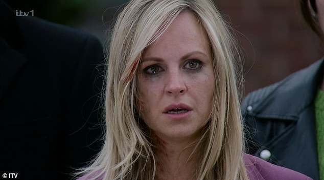 Ouch: Sarah Platt (Tina O'Brien) also noticed something in the pub and went into the closed Rovers to investigate when Stephen hit her over the head with a bottle