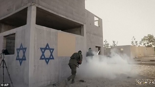 Mock kibbutz buildings were painted with star symbols matching those on Israeli flags