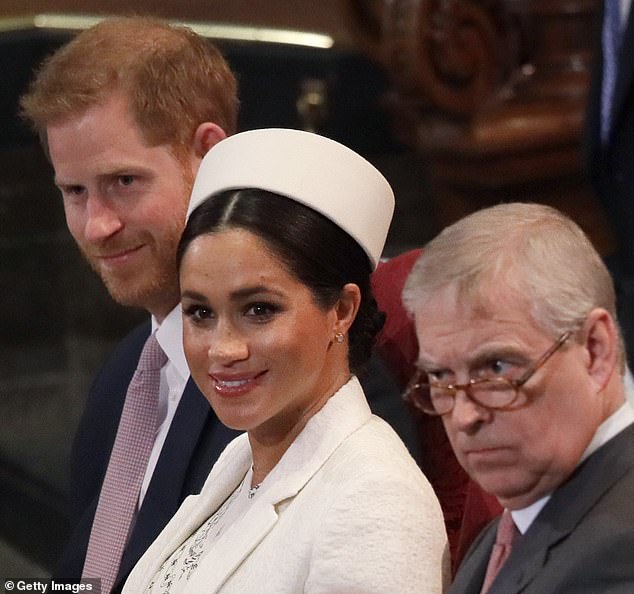 Duke and Duchess of Sussex sit with Prince Andrew during the Commonwealth Day service.  She initially thought that Prince Andrew was the Queen's assistant