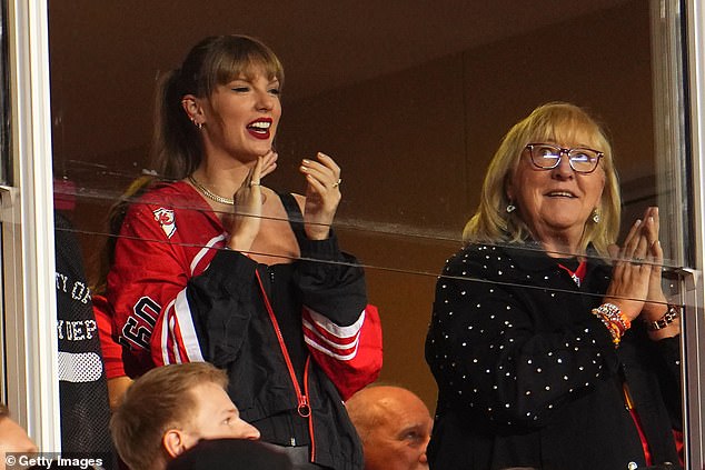 Swift enjoyed a happy return to Arrowhead on Thursday night as she watched Kelce and the Chiefs beat the Broncos with her boyfriend's mother Donna (right)