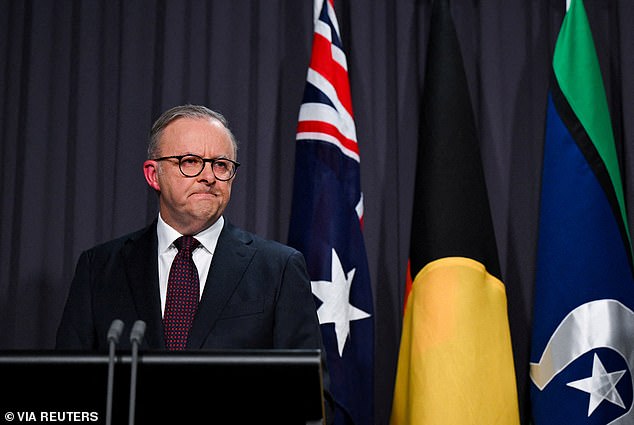 Prime Minister Anthony Albanese greeted a crowd of journalists on Saturday night to accept defeat in the referendum, which he said should be done with 'grace and humility'