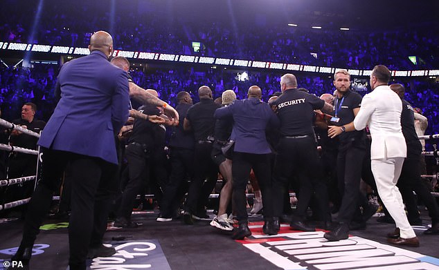 Security filled the ring in chaotic scenes as the fight descended into anarchy