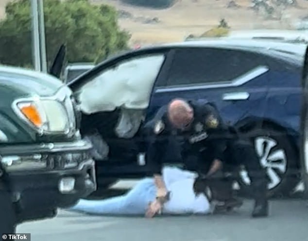 The video, taken by a civilian in a car, shows an officer pulling the woman out of the car door, slamming her against the nearby truck, before pulling her to the ground and punching her in the face.
