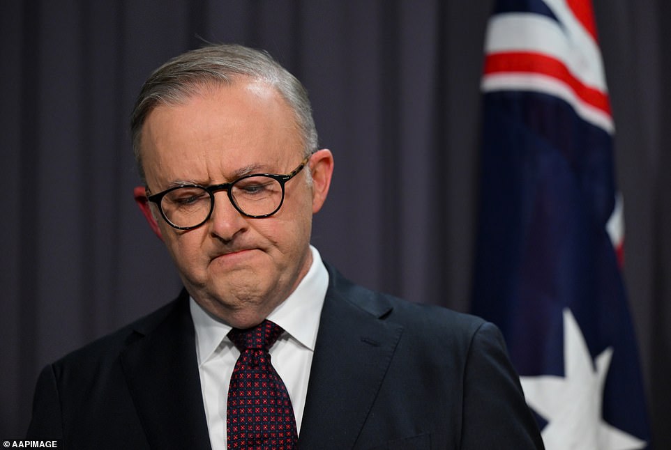 Prime Minister Anthony Albanese appeared cowering as he conceded defeat on Saturday evening