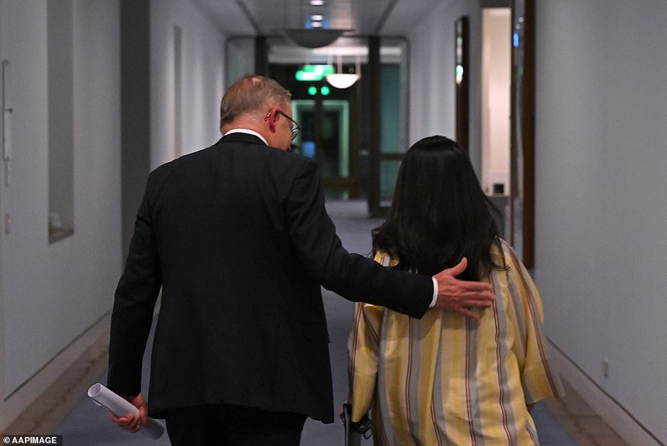 Australian Prime Minister Anthony Albanese comforts Minister for Indigenous Australians Linda Burney after giving a statement on the result of the Voice Referendum at Parliament House in Canberra, Saturday, October 14, 2023