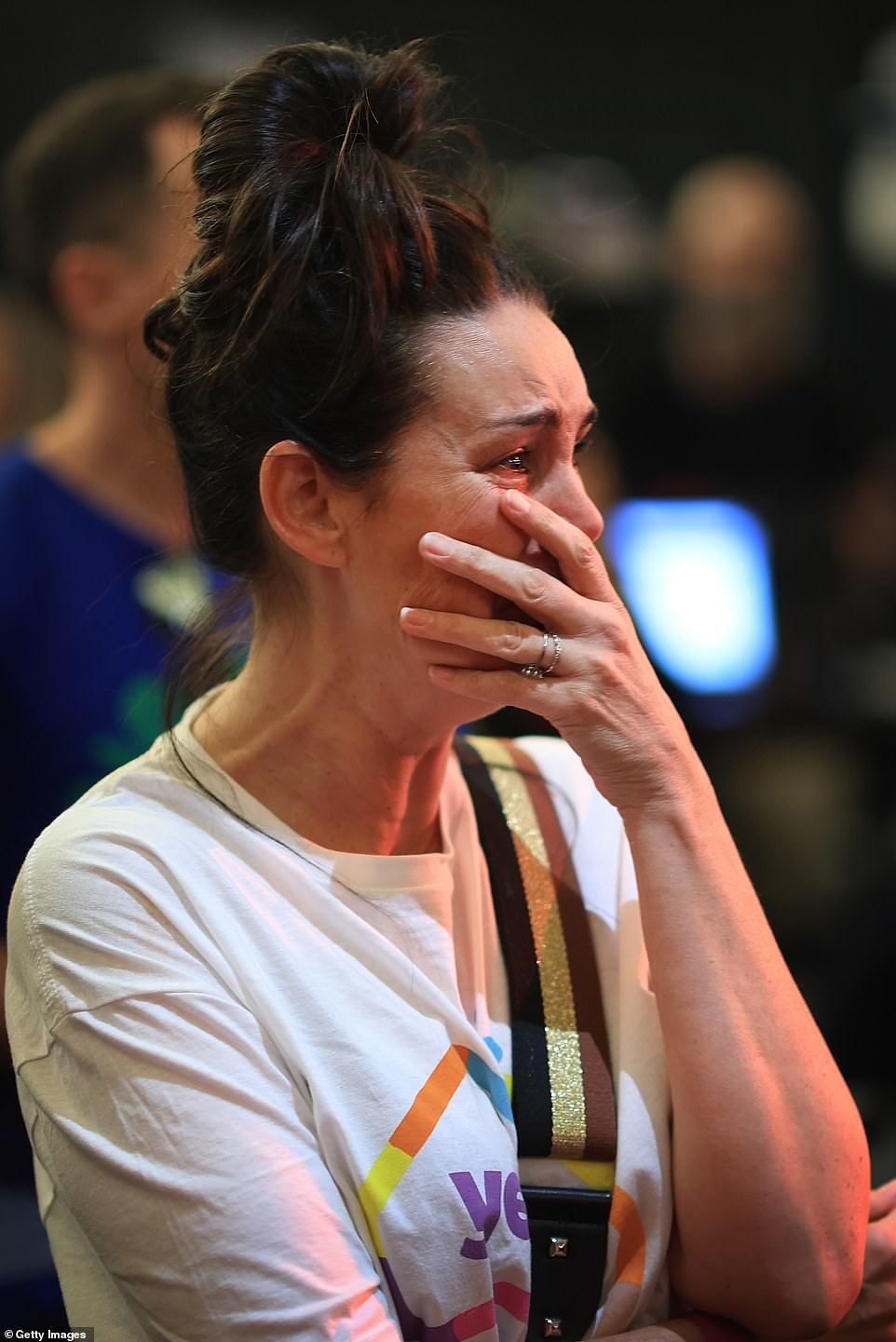 A supporter reacts in the Inner West for the official Yes2023 referendum function at Wests Ashfield Leagues Club on October 14