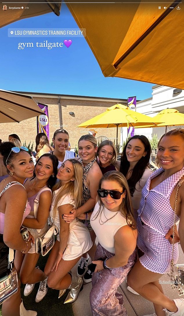 The social media influencer enjoyed hanging out with her gymnastics teammates on Saturday