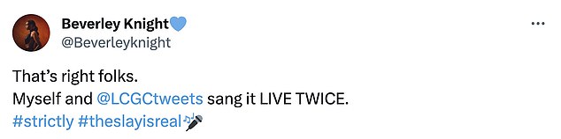 Hitting back: Beverley broke her silence on Sunday night by revealing on Twitter that she had performed the song twice